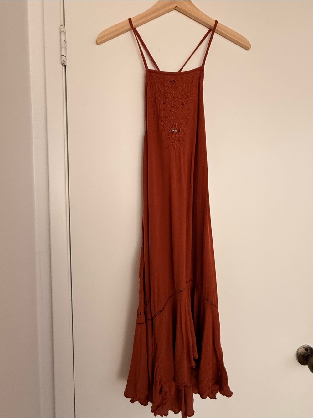 Free People Rust Brown Maxi Dress with Embroidered Bodice